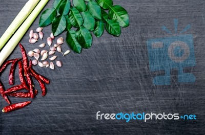 Group Of Ingredients And Condiment On Top Of The Table Stock Photo