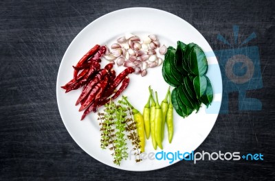 Group Of Ingredients And Condiment On Top Of The Table Stock Photo