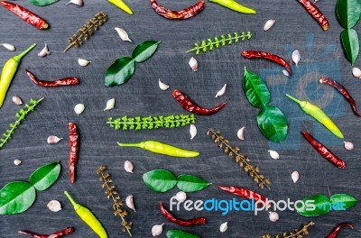 Group Of Ingredients And Condiment On Top Of The Table Stock Photo