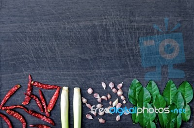 Group Of Ingredients And Condiment On Top Of The Table Stock Photo