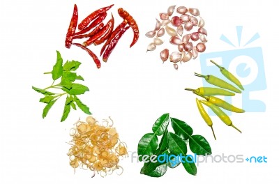 Group Of Ingredients And Condiment On Top Of The Table Stock Photo