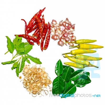 Group Of Ingredients And Condiment On Top Of The Table Stock Photo