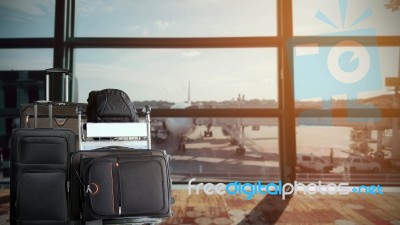 Group Of Luggage In The Airport Terminal Stock Photo