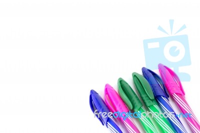 Group Of Multicolor Pen On White Background Stock Photo