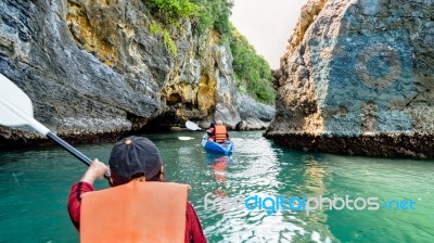 Group Of Tourists On A Kayak Stock Photo