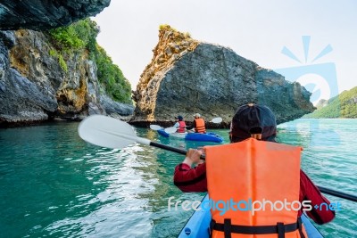 Group Of Tourists On A Kayak Stock Photo