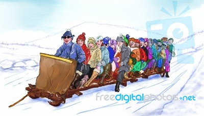 Group Sledding Stock Image