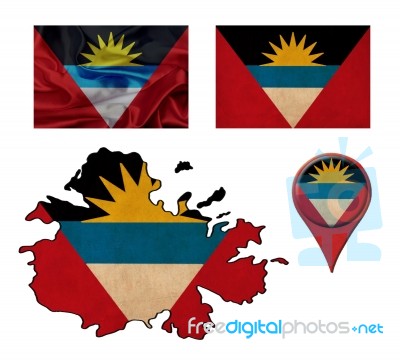 Grunge Antigua And Barbuda Flag, Map And Map Pointers Stock Image