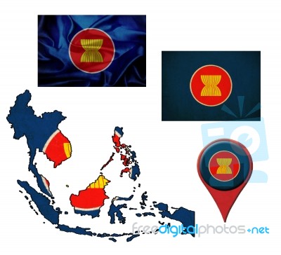 Grunge Asean Economic Community Flag, Map And Map Pointers Stock Image