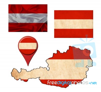 Grunge Austria Flag, Map And Map Pointers Stock Image