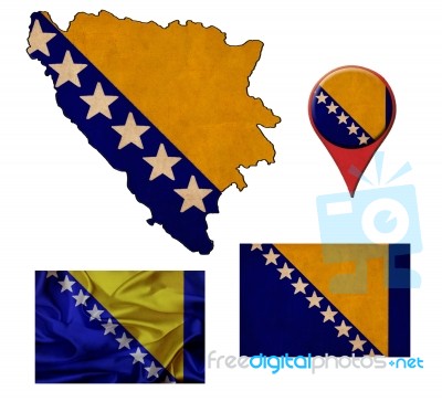 Grunge Bosnia And Herzegovina Flag, Map And Map Pointers Stock Image