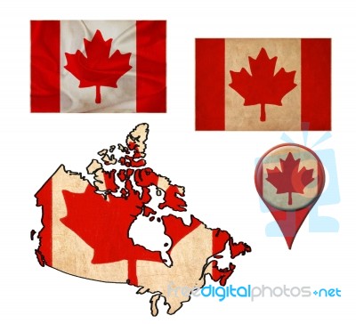 Grunge Canada Flag, Map And Map Pointers Stock Image