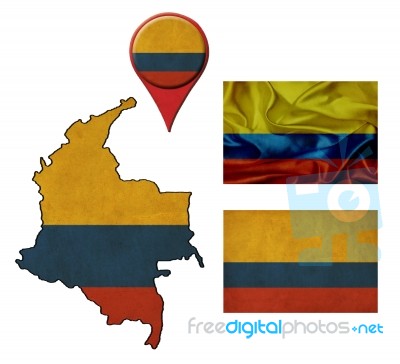 Grunge Colombia Flag, Map And Map Pointers Stock Image