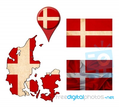 Grunge Denmark Flag, Map And Map Pointers Stock Image