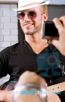 Guitarist Playing For His Fans Stock Photo