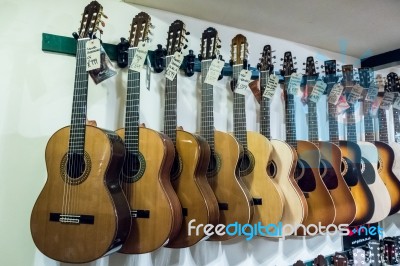 Guitars On Display In A Music Shop Stock Photo