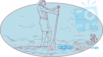 Guy Stand Up Paddle Tropical Island Oval Drawing Stock Image