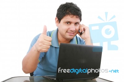 Guy With Laptop And Thumbs Up Stock Photo