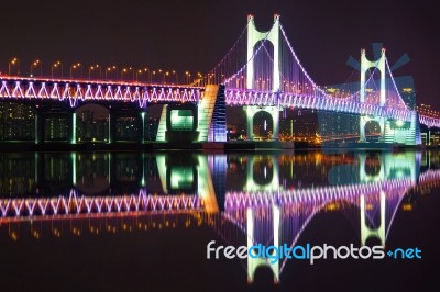 Gwangan Bridge And Haeundae At Night In Busan,korea Stock Photo