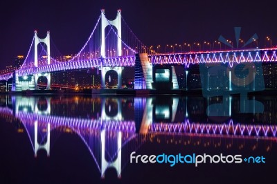 Gwangan Bridge And Haeundae At Night In Busan,korea Stock Photo