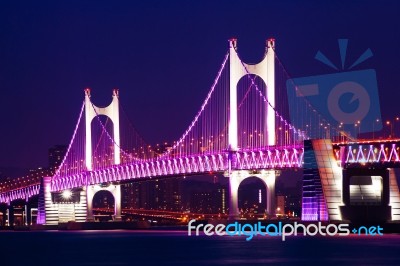 Gwangan Bridge And Haeundae At Night In Busan,korea Stock Photo