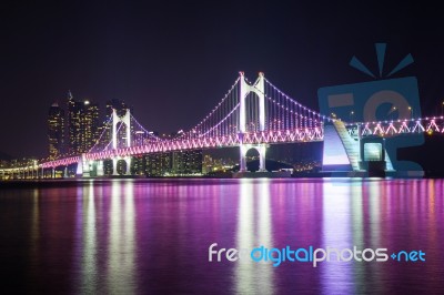 Gwangan Bridge And Haeundae At Night In Busan,korea Stock Photo