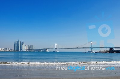 Gwangan Bridge And Haeundae In Busan,kor Stock Photo