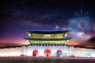 Gyeongbokgung Palace And Milky Way In Seoul, South Korea Stock Photo