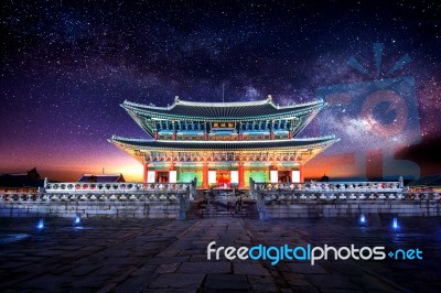 Gyeongbokgung Palace And Milky Way In Seoul, South Korea Stock Photo