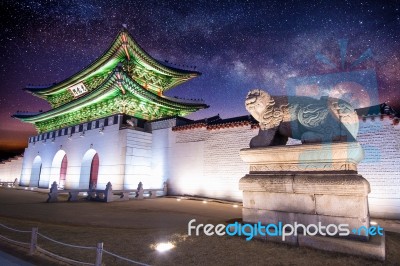 Gyeongbokgung Palace And Milky Way In Seoul, South Korea Stock Photo