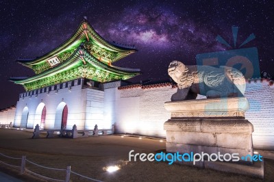 Gyeongbokgung Palace And Milky Way In Seoul, South Korea Stock Photo