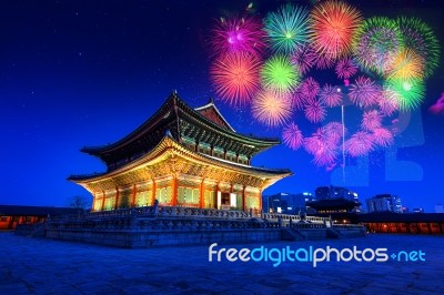 Gyeongbokgung Palace At Night And Firework Festival In Seoul,korea Stock Photo