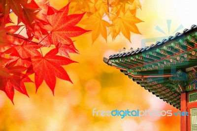 Gyeongbokgung Palace With Colorful Autumn Leaves In Seoul, South Korea Stock Photo