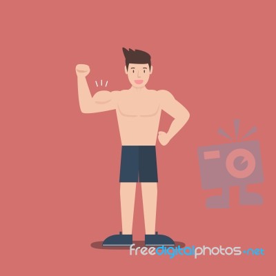 Gym Fitness Muscular Cartoon Man Shirtless Flat Design Stock Image