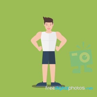 Gym Fitness Muscular Cartoon Man Standing Flat Design Stock Image