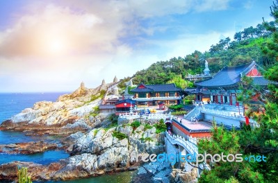 Haedong Yonggungsa Temple And Haeundae Sea In Busan, South Korea… Stock Photo