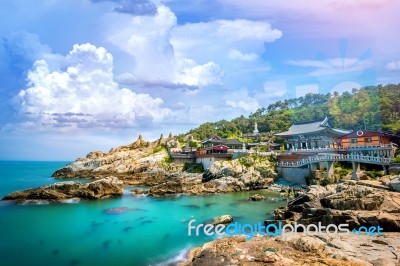 Haedong Yonggungsa Temple And Haeundae Sea In Busan, South Korea… Stock Photo