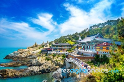 Haedong Yonggungsa Temple And Haeundae Sea In Busan, South Korea… Stock Photo