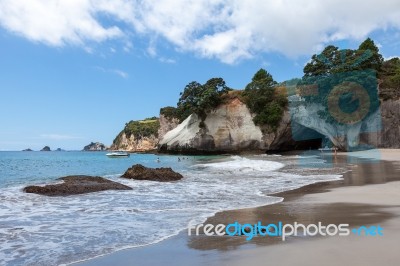 Hahei, New Zealand - February 9 : Cathedral Cove Beach Near Hahe… Stock Photo