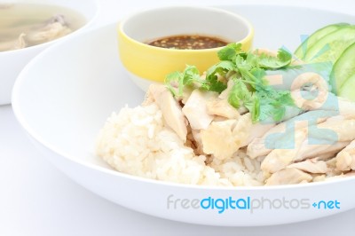 Hainanese Chicken Meat Rice On White Background Stock Photo