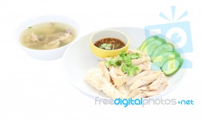 Hainanese Chicken Rice With Soup On White Background Stock Photo