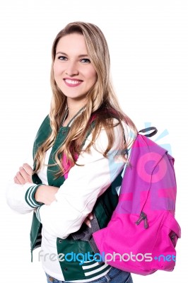 Half Length Shot Of Student With Backpack Stock Photo