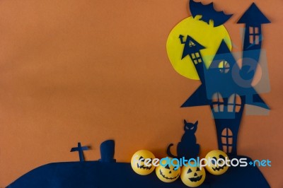 Halloween Background With Haunted House Castle And Black Cat And… Stock Photo