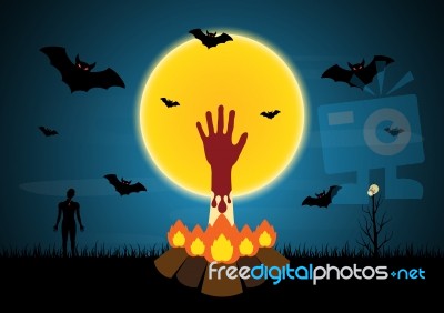 Halloween Blood Hand Bonfire Zombie Moon Bat Tree  Stock Image