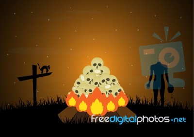 Halloween Bonfire Graveyard Skull Cross Zombie Cat Stock Image