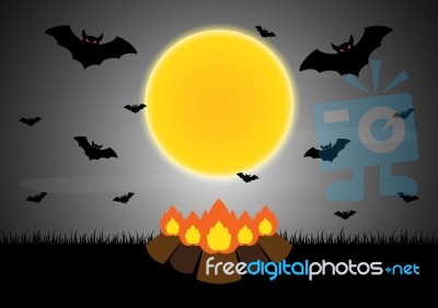 Halloween Bonfire Moon Bat  Stock Image