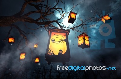 Halloween Caged Candles Hanging On Branch Of The Tree Stock Image