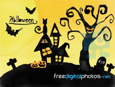 Halloween Card, Watercolour Silhouette  Haunted House And Graveyard Stock Image