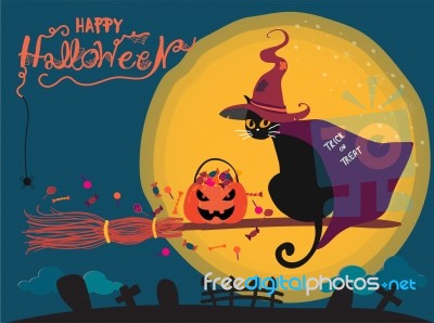 Halloween Card With Cute Black Cat Riding On A Witch Bloom Over Cemetery Stock Image