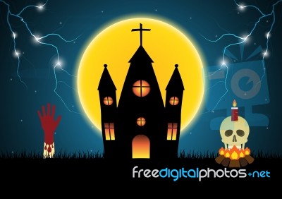 Halloween Castle Hand Skull Moon Thunderbolt  Stock Image